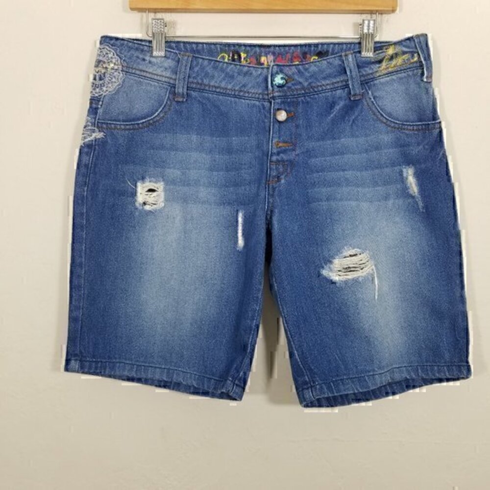 Desigual Embroidered Floral Jean Shorts Blue Size 32